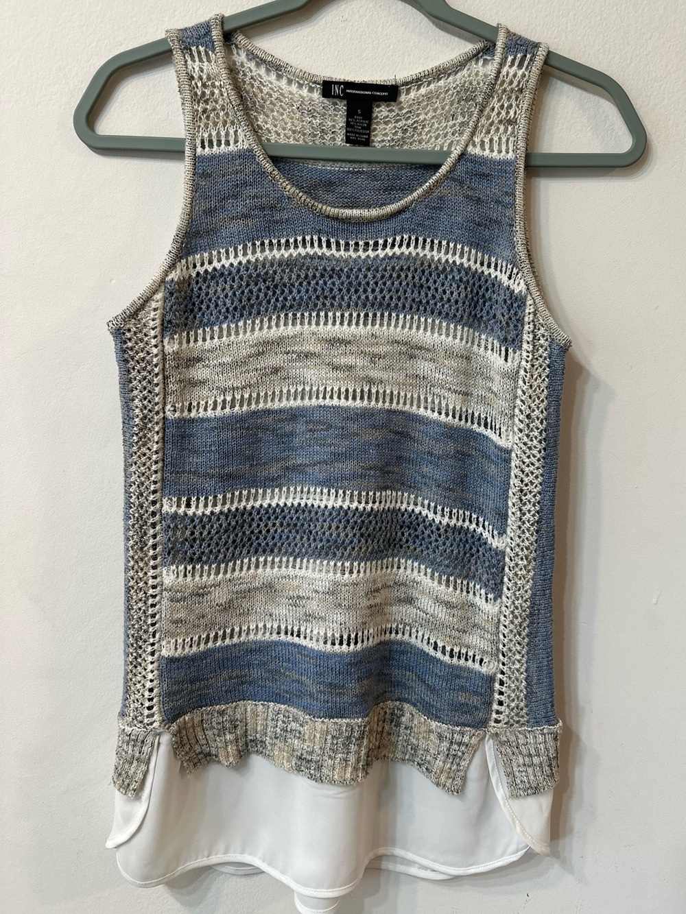 INC International Concepts Open Knit Striped Tank Top Layered Hem Blue Small S